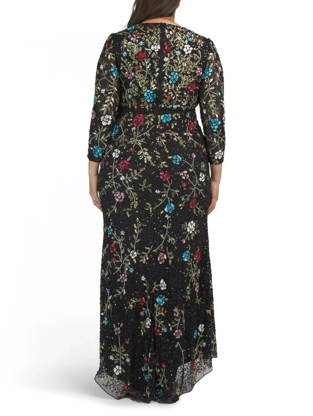 Mac Duggal Black Floral Embroidered Long-Sleeve Evening Gown